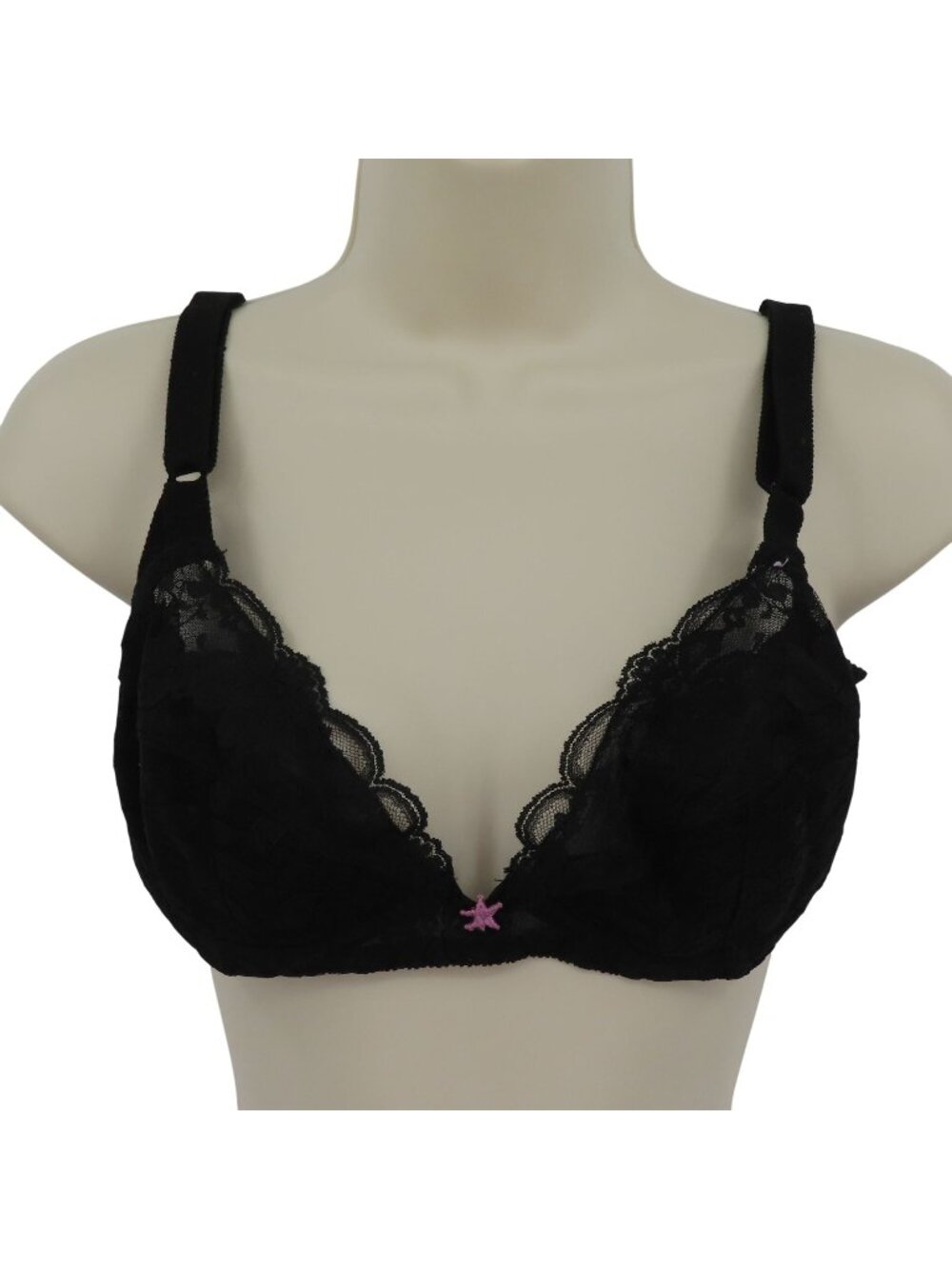 VTG Fredericks of Hollywood 36B Bra Style 5452 Black Lace Pink Star Underwire